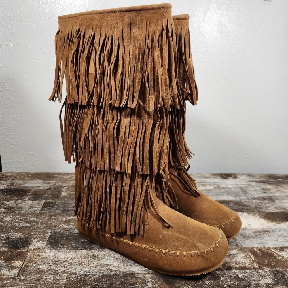 Moccasin Fringe Boots Women Size 7 Brown Western Festival Faux Suede Concert
